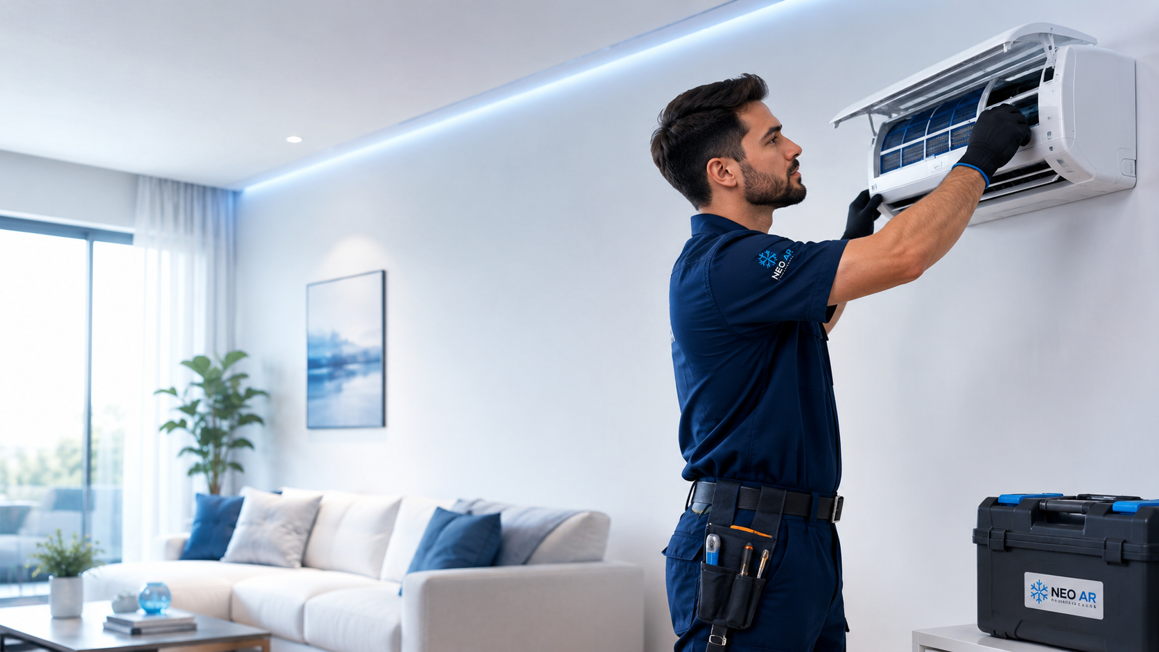 Tecnico instalando ar-condicionado em sala residencial